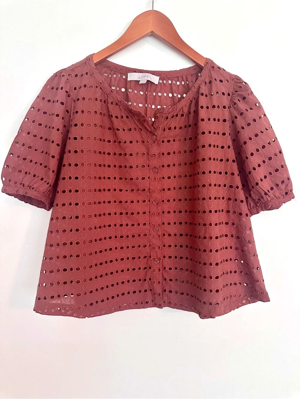 LOFT Terracotta Rust Eyelet Button-Front Blouse Top Size Small